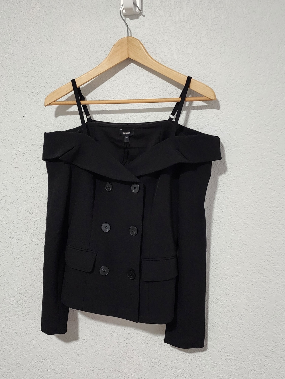Express Off The Shoulder Double Breast Blazer Black Size 0 (XS) Edgy Professiona - Picture 6 of 11
